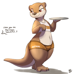 Size: 1250x1250 | Tagged: safe, artist:louart, mammal, mustelid, otter, anthro, digitigrade anthro, semi-anthro, hooters, abstract background, bottomwear, brown fur, claws, clothes, crop top, ears, english text, female, female focus, fur, hooters outfit, looking at someone, midriff, offscreen character, paws, plate, red eyes, restaurant, short shorts, signature, simple background, small ears, solo, solo female, solo focus, speech bubble, tail, tan fur, tank top, text, topwear, tray, white background