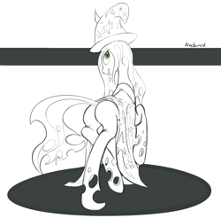 Size: 1549x1524 | Tagged: dead source, suggestive, artist:braeburned, queen chrysalis (mlp), arthropod, changeling, changeling queen, equine, fictional species, feral, friendship is magic, hasbro, my little pony, 2012, butt, clothes, cosplay, costume, female, green eyes, hat, horn, looking at you, looking back, looking back at you, signature, sketch, smiling, solo, solo female, tail, teeth, wizard hat