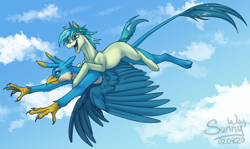 Size: 1200x714 | Tagged: safe, artist:sunny way, gallus (mlp), sandbar (mlp), bird, earth pony, equine, feline, fictional species, gryphon, mammal, pony, feral, friendship is magic, hasbro, my little pony, beak, bird feet, blue body, bros, claws, cloud, digital art, duo, duo male, feathered wings, feathers, flying, friends, fur, green fur, happy, hooves, male, males only, open mouth, patreon reward, paws, signature, sky, smiling, spread wings, stallion, tail, wings