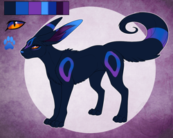 Size: 1000x800 | Tagged: safe, artist:nighttwilightwolf, eeveelution, fictional species, mammal, shiny pokémon, umbreon, feral, nintendo, pokémon, abstract background, blue fur, chest fluff, color palette, ear fluff, female, fluff, fur, long ears, looking at you, orange eyes, paw pads, paw prints, paws, raised tail, reference sheet, side view, slit pupils, solo, solo female, standing, tail, tail fluff, underpaw, watermark