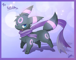 Size: 1280x1024 | Tagged: safe, artist:ivan-jhang, eeveelution, fictional species, mammal, umbreon, feral, nintendo, pokémon, abstract background, ambiguous gender, blue eyes, chest fluff, clothes, commission, ear fluff, fangs, floppy ears, fluff, fur, gray fur, head fluff, heterochromia, magenta body, magenta eyes, magenta fur, open mouth, paws, raised tail, scarf, side view, signature, solo, solo ambiguous, standing, tail, teeth, underpaw