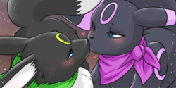 Size: 1000x500 | Tagged: safe, artist:eisei, eeveelution, fictional species, mammal, umbreon, feral, nintendo, pokémon, abstract background, alternate coloration, bandanna, blue eyes, blue sclera, blushing, chest fluff, clothes, colored sclera, commission, duo, female, feral/feral, floppy ears, fluff, fur, gray fur, heart, heterochromia, kissing, looking at each other, love, love heart, magenta body, magenta eyes, magenta fur, male, male/female, scarf, shipping, tail, white fur