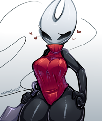 Size: 1010x1200 | Tagged: species needed, safe, artist:miilkchan, hornet (hollow knight), fictional species, anthro, hollow knight, clothes, female, gradient background, hand on hip, heart, smiling, solo, solo female, sweater, topwear, turtleneck, weapon, wide hips