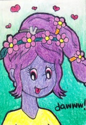 Size: 600x865 | Tagged: safe, artist:radomila radon, oc, oc only, oc:kaylea potassium, mammal, monkey, humanoid, series:the periodic lives, bust, cute, female, flower, flower in hair, hair, hair accessory, heart, looking at you, solo, solo female, tongue, tongue out, traditional art