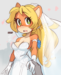 Size: 630x785 | Tagged: safe, artist:wamudraws, part of a set, coco bandicoot (crash bandicoot), bandicoot, mammal, marsupial, anthro, crash bandicoot (series), 2020, breasts, clothes, cream body, cream fur, digital art, dress, eyelashes, female, fur, gloves, green eyes, hair, holding, holding hands, looking at you, multicolored fur, offscreen character, open mouth, orange body, orange fur, simple background, solo, solo female, sweat, two toned body, two toned fur, wedding dress, yellow hair