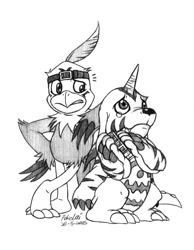 Size: 775x1000 | Tagged: safe, artist:pokelai, bird, bird of prey, fictional species, gabumon, hawk, hawkmon, mammal, feral, digimon, art trade, bipedal, black and white, claws, duo, duo male, feather, grayscale, horn, male, males only, monochrome, simple background, tail, talons, traditional art, white background