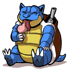 Size: 600x607 | Tagged: safe, artist:booboobunnygirl, blastoise, fictional species, reptile, turtle, feral, nintendo, pokémon, ambiguous gender, cannon, claws, eyes closed, food, gun, ice cream, ice cream cone, licking, saliva, shell, sitting, solo, solo ambiguous, starter pokémon, tail, tongue, tongue out, weapon