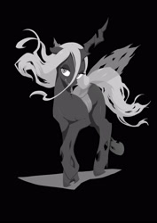 Size: 2000x2829 | Tagged: safe, artist:siagia, queen chrysalis (mlp), arthropod, changeling, changeling queen, equine, fictional species, feral, friendship is magic, hasbro, my little pony, black background, female, high res, horn, insect wings, jagged horn, monochrome, simple background, solo, solo female, tail, wings