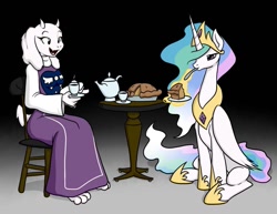 Size: 1017x786 | Tagged: safe, artist:muniversalarts, princess celestia (mlp), toriel (undertale), alicorn, bovid, equine, fictional species, goat, mammal, pony, anthro, feral, friendship is magic, hasbro, my little pony, undertale, chat, clothes, crossover, dress, drink, duo, duo female, eating, female, horn, mare, mature, mature female, pie, tail, tea