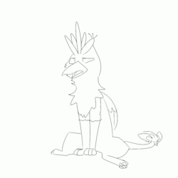 Size: 900x900 | Tagged: safe, artist:input-command, oc, oc only, oc:gyro feather, oc:gyro feather (gryphon), bird, feline, fictional species, galliform, gryphon, mammal, peacock gryphon, peafowl, feral, 2d, 2d animation, animated, beak, bird feet, claws, eyes closed, feathered wings, feathers, frame by frame, fur, gif, male, monochrome, paw pads, paws, sneezing, snot, solo, solo male, tail, tail tuft, talons, underpaw, wings