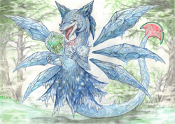 Size: 1063x752 | Tagged: safe, artist:ravencorona, cirno (touhou), amphibian, dragon, elemental creature, fae dragon, fairy, fictional species, frog, ice elemental, reptile, feral, touhou, 2020, dragoness, dragonified, female, feralized, freeze, furrified, ice, ice dragon, ice fairy, solo, solo female, species swap, tail