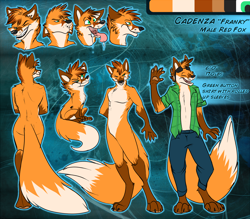 Size: 1280x1120 | Tagged: safe, artist:electropawartworks, oc, oc only, oc:franky, canine, fox, mammal, red fox, anthro, digitigrade anthro, feral, 2015, abstract background, bottomwear, brown fur, brown hair, cheek fluff, chest fluff, claws, clothes, color palette, fangs, featureless crotch, fluff, front view, fur, green eyes, gritted teeth, hair, male, open clothes, open shirt, orange fur, pants, paw pads, paws, profile, rear view, reference sheet, saliva, sharp teeth, shirt, side view, solo, solo male, tail, teeth, three-quarter view, tongue, tongue out, topwear, white fur