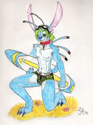 Size: 952x1280 | Tagged: safe, artist:kokoro-doll, stitch (lilo & stitch), alien, experiment (lilo & stitch), fictional species, starfish, anthro, disney, lilo & stitch, 2010, 3 toes, abs, anthrofied, back spines, black hair, briefs, choker, clothes, ears, goggles, goggles on head, hair, kneeling, male, muscles, seashell, simple background, solo, solo male, surfboard, tiki, torn ear, two toned hair, underwear, white background