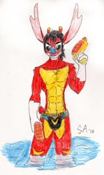 Size: 765x1280 | Tagged: safe, artist:kokoro-doll, ace (lilo & stitch), alien, experiment (lilo & stitch), fictional species, anthro, disney, lilo & stitch, 2010, abs, antennae, anthrofied, black eyes, black hair, blue nose, briefs, chest fluff, clothes, dipstick antennae, ears, energy weapon, fluff, fur, gloves (arm marking), hair, handgun, holding weapon, male, muscles, muscular, muscular male, partially submerged, plasma blaster, plasma gun, red fur, solo, solo male, standing, standing in water, tail, torn ear, traditional art, underwear, water, weapon, yellow fur