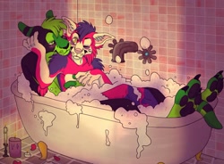 Size: 1280x941 | Tagged: safe, artist:pinkdoge, oc, oc only, oc:gizmo21, canine, kangaroo, mammal, marsupial, anthro, digitigrade anthro, abstract background, amber eyes, ambiguous gender, bath, bathtub, blushing, bubble bath, bubbles, candle, clawfoot tub, claws, cuddling, duo, ear fluff, fangs, faucet, floppy ears, fluff, fur, green eyes, green hair, hair, hug, looking at each other, lying down, macropod, on back, one eye closed, paw pads, paws, pink fur, romantic, shoulder fluff, starry eyes, tail, teeth, tiled background, underpaw, wingding eyes, winking