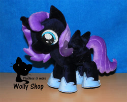 Size: 998x800 | Tagged: safe, artist:wollyshop, nightmare moon (mlp), alicorn, equine, fictional species, mammal, pony, feral, friendship is magic, hasbro, my little pony, 2013, clothes, cute, feathered wings, feathers, female, filly, foal, horn, irl, photo, photographed artwork, plushie, shoes, smiling, solo, solo female, tail, watermark, wings, young, younger