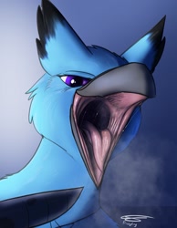 Size: 985x1267 | Tagged: safe, artist:frostyfang, oc, oc only, oc:aevery (aevery), bird, cardinal, indigo bunting, songbird, anthro, ambiguous gender, animal genitalia, beak, blue feathers, breath, bust, ear feathers, feathers, gradient background, headshot, looking at you, mawshot, open beak, open mouth, purple eyes, saliva, signature, solo, solo ambiguous, tongue