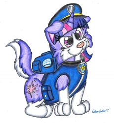 Size: 1024x1108 | Tagged: safe, artist:silversimba01, chase (paw patrol), twilight sparkle (mlp), border collie, canine, collie, dog, mammal, feral, friendship is magic, hasbro, my little pony, nickelodeon, paw patrol, 2015, cosplay, cute, dogified, female, horn, solo, solo female, species swap, tail, traditional art