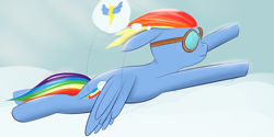 Size: 2000x1000 | Tagged: safe, artist:stratonis, rainbow dash (mlp), equine, fictional species, mammal, pegasus, pony, feral, friendship is magic, hasbro, my little pony, 2020, atg 2020, feathered wings, feathers, female, flying, goggles, hair, mane, mare, newbie artist training grounds, rainbow hair, rainbow mane, solo, solo female, spread wings, tail, wings
