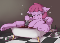 Size: 1738x1247 | Tagged: safe, artist:t72b, berry punch (mlp), earth pony, equine, fictional species, mammal, pony, feral, friendship is magic, hasbro, my little pony, 2020, alcohol, atg 2020, bath, bathtub, bottle, drink, drunk, eyes closed, female, lying down, mare, newbie artist training grounds, on back, sleeping, smiling, solo, solo female, tail, wine
