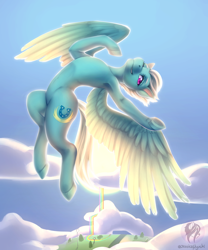 Size: 2500x3000 | Tagged: safe, artist:jessicanyuchi, fleetfoot (mlp), equine, fictional species, mammal, pegasus, pony, feral, friendship is magic, hasbro, my little pony, armpits, belly button, cloud, commission, feathered wings, feathers, female, flying, high res, looking at you, mare, one eye closed, signature, sky, solo, solo female, spread wings, tail, wings, winking, ych result