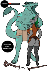 Size: 1374x2019 | Tagged: safe, artist:pitfallpup, oc, oc only, lizard, reptile, anthro, digitigrade anthro, 2018, blood, breasts, butt, claws, clothes, duo, female, hand on shoulder, health bar, horns, imminent vore, legwear, loincloth, looking up, mind control, open mouth, partial nudity, reptile feet, sharp teeth, simple background, size difference, staff, stockings, swirly eyes, tail, teeth, text, toeless legwear, tongue, tongue out, topless, torn clothes, transparent background, white outline