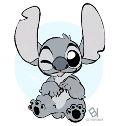 Size: 1850x1900 | Tagged: safe, artist:golttenpanger, stitch (lilo & stitch), alien, experiment (lilo & stitch), fictional species, feral, disney, lilo & stitch, big ears, black eyes, blep, ears, male, one eye closed, paw pads, paws, signature, sitting, solo, solo male, tail, tongue, tongue out, winking