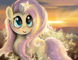 Size: 1920x1481 | Tagged: dead source, safe, artist:rom-art, fluttershy (mlp), arthropod, butterfly, equine, fictional species, insect, mammal, pegasus, pony, feral, friendship is magic, hasbro, my little pony, ambiguous gender, beach, blue eyes, blushing, cute, cutie mark, duo, female, female focus, glitter, hair, looking at something, mane, ocean, scenery, scenery porn, shining, signature, smiling, solo focus, sunset, tail, water, wings