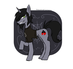 Size: 1280x1225 | Tagged: safe, artist:xpromkingx, equine, fictional species, mammal, pony, unicorn, feral, friendship is magic, hasbro, kellin quinn, my little pony, sleeping with sirens, 2019, alpha channel, black hair, black mane, black tail, clothes, commission, cutie mark, digital art, disguise, disguised siren, eye through hair, fangs, feralized, fur, furrified, gray fur, green eyes, grin, hair, hair over one eye, horn, looking at you, male, mane, missing accessory, partially transparent background, ponified, raised leg, shirt, side view, signature, simple background, smiling, solo, solo male, stallion, standing, t-shirt, tail, teeth, topwear, transparent background