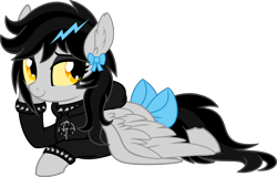 Size: 8003x5133 | Tagged: safe, artist:aureai, oc, oc only, oc:lightning dee, equine, fictional species, mammal, pegasus, pony, feral, bring me the horizon, friendship is magic, hasbro, my little pony, .svg available, 2019, absurd resolution, black hair, black mane, black tail, bow, choker, clothes, colored sclera, commission, digital art, dyed mane, ear fluff, emo, eyelashes, eyeshadow, feathered wings, feathers, female, fluff, fur, gray fur, hair, hair bow, hair ornament, happy, hoodie, hoof on cheek, lidded eyes, looking at you, looking back, lying down, makeup, mane, mare, messy mane, orange eyes, prone, ribbon, simple background, smiling, solo, solo female, spiked choker, spiked wristband, sploot, spread wings, svg, tail, tail bow, topwear, transparent background, vector, wings, wristband, yellow sclera