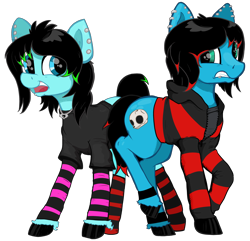 Size: 3648x3520 | Tagged: safe, artist:paskanaakka, oc, oc only, oc:emo lad, oc:scene chick, earth pony, equine, fictional species, mammal, pony, feral, friendship is magic, hasbro, my little pony, 2019, black hair, black mane, black tail, blue eyes, blue fur, brother, brother and sister, clothes, colored hooves, commission, cutie mark, digital art, duo, dyed hair, dyed mane, dyed tail, ear piercing, earring, emo, female, fur, green eyes, hair, high res, hoodie, hooves, jewelry, legwear, lip piercing, male, mane, mare, necklace, open mouth, piercing, scene fashion, shirt, shy, siblings, simple background, sister, socks, stallion, striped clothes, striped legwear, tail, teeth, topwear, transparent background, unshorn fetlocks