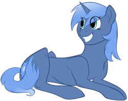 Size: 3800x3000 | Tagged: safe, artist:overdriv3n, oc, oc only, oc:double colon, equine, fictional species, mammal, pony, unicorn, feral, friendship is magic, hasbro, my little pony, 2015, alpha channel, blue fur, blue hair, commission, cutie mark, cyan eyes, eye through hair, eyelashes, female, fur, grin, hair, high res, hooves, horn, looking back, lying down, prone, simple background, smiling, solo, solo female, squee, tail, teeth, transparent background