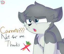 Size: 1208x1024 | Tagged: safe, artist:rainbow eevee, oc, oc only, oc:flow (theglitchedwolf), canine, equine, fictional species, hybrid, mammal, pony, wolf, wolf pony, feral, 2020, blue eyes, carnivore, carrot, cheek fluff, chest fluff, do not want, ear fluff, fangs, fluff, food, gradient background, head fluff, lidded eyes, male, neck fluff, open mouth, simple background, sitting, solo, solo male, talking, teeth, text, unamused, vegetables, watermark, white background