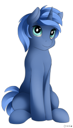 Size: 1370x2377 | Tagged: safe, artist:conrie, oc, oc only, oc:double colon, equine, fictional species, mammal, pony, unicorn, feral, friendship is magic, hasbro, my little pony, alpha channel, blue fur, blue hair, commission, cyan eyes, female, front view, fur, hair, hooves, horn, looking at you, signature, simple background, sitting, solo, solo female, tail, transparent background