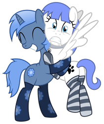 Size: 3500x4153 | Tagged: safe, artist:masem, oc, oc only, oc x oc, oc:double colon, oc:snow pup, equine, fictional species, mammal, pegasus, pony, unicorn, feral, cc by-nc-sa, creative commons, friendship is magic, hasbro, my little pony, 2016, alpha channel, blue eyes, blue fur, blue hair, clothes, collar, commission, cutie mark, duo, eyes closed, female, fur, hair, high res, hooves, horn, hug, index get, legwear, pet tag, shipping, simple background, socks, striped clothes, striped legwear, tail, thigh highs, transparent background, vector, white fur, wings
