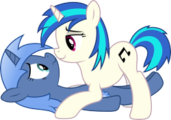 Size: 4558x3200 | Tagged: safe, artist:djdavid98, vinyl scratch (mlp), oc, oc:double colon, equine, fictional species, mammal, pony, unicorn, feral, friendship is magic, hasbro, my little pony, 2016, alpha channel, bedroom eyes, blue fur, blue hair, commission, cutie mark, cyan eyes, duo, eyelashes, face to face, female, female/female, feral/feral, fur, hair, hooves, horn, lying down, magenta eyes, mane, mare, on back, on model, pinned, pinned down, shipping, simple background, smiling, tail, transparent background, vector, white fur
