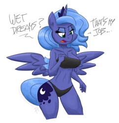 Size: 1200x1241 | Tagged: suggestive, artist:flutterthrash, princess luna (mlp), alicorn, equine, fictional species, mammal, pony, anthro, friendship is magic, hasbro, my little pony, anthrofied, bikini, blue hair, bra, breasts, clothes, crown, cutie mark, eyelashes, feathered wings, feathers, female, green eyes, hair, hand on breast, hands, horn, open mouth, simple background, solo, solo female, spread wings, standing, tail, talking, text, underwear, white background, wings, wings open