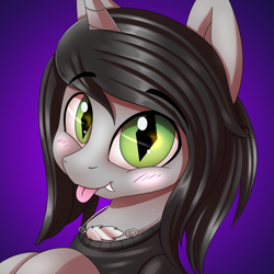 Size: 3000x3000 | Tagged: safe, artist:colorsoundz, equine, fictional species, mammal, pony, unicorn, feral, friendship is magic, hasbro, kellin quinn, my little pony, sleeping with sirens, 2019, blep, blushing, brown hair, brown mane, bust, clothes, commission, cute, digital art, disguise, disguised siren, eyebrows, fangs, feralized, fur, furrified, gradient background, gray fur, green eyes, hair, happy, high res, horn, jewelry, looking at you, male, mane, necklace, ponified, portrait, shirt, slit pupils, solo, solo male, spiral horn, stallion, teeth, tongue, tongue out, topwear, ych result