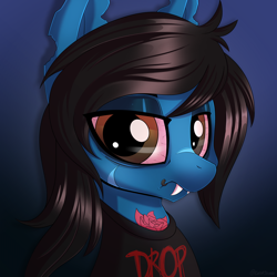 Size: 2250x2250 | Tagged: safe, artist:ask-colorsound, artist:colorsoundz, earth pony, equine, fictional species, mammal, pony, undead, zombie, zombie pony, feral, bring me the horizon, friendship is magic, hasbro, my little pony, oliver sykes, 2019, bloodshot eyes, blue fur, brown eyes, brown hair, brown mane, bust, clothes, colored sclera, commission, digital art, eye through hair, fangs, frowning, fur, grumpy, hair, hair over one eye, high res, lidded eyes, lip piercing, looking at you, male, mane, piercing, ponified, scar, shirt, solo, solo male, stallion, tattoo, teeth, topwear, torn ear, ych result