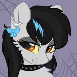 Size: 800x800 | Tagged: safe, artist:alphadesu, oc, oc only, oc:lightning dee, equine, fictional species, mammal, pegasus, pony, feral, friendship is magic, hasbro, my little pony, 2019, black hair, black mane, bow, bust, chest fluff, choker, colored sclera, commission, digital art, dyed hair, dyed mane, ear piercing, eyeshadow, fangs, female, fluff, fur, gray fur, hair, lidded eyes, looking at you, makeup, mane, mare, orange eyes, piercing, smiling, solo, solo female, spiked choker, teeth, ych result