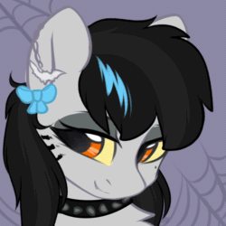 Size: 800x800 | Tagged: safe, artist:alphadesu, oc, oc only, oc:lightning dee, equine, fictional species, mammal, pegasus, pony, feral, friendship is magic, hasbro, my little pony, 2019, 2d, 2d animation, animated, black hair, black mane, bow, bust, chest fluff, choker, colored sclera, commission, digital art, dyed hair, dyed mane, ear piercing, eyeshadow, fangs, female, fluff, fur, gif, gray fur, hair, lidded eyes, looking at you, makeup, mane, mare, non-looping gif, orange eyes, piercing, smiling, solo, solo female, spiked choker, teeth, ych result