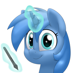 Size: 3000x3000 | Tagged: safe, artist:victoreach, oc, oc only, oc:double colon, equine, fictional species, mammal, pony, unicorn, feral, friendship is magic, hasbro, my little pony, alpha channel, blue fur, blue hair, bust, commission, cyan eyes, female, fur, hair, high res, horn, levitation, looking at you, magic, portrait, shading, simple background, soft shading, solo, solo female, stylus, telekinesis, transparent background, wacom stylus