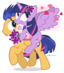 Size: 705x810 | Tagged: safe, artist:dm29, flash sentry (mlp), twilight sparkle (mlp), alicorn, equine, fictional species, mammal, pegasus, pony, feral, friendship is magic, hasbro, my little pony, 2015, alpha channel, blue eyes, blue hair, blushing, bouquet, box, carrying, chocolate, cute, cutie mark, duo, duo male and female, eternal thread, feathered wings, feathers, female, feral/feral, flashlight (mlp), flower, flower in hair, folded wings, food, hair, hair accessory, happy, heart, holding, hooves, horn, letter, lilacs, love heart, magenta eyes, male, male/female, mane, mare, mouth hold, on model, riding, riding on back, shipping, signature, simple background, sitting, smiling, spread wings, stallion, tail, text, transparent background, trotting, vector, wings