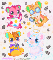 Size: 1144x1300 | Tagged: safe, artist:moggiedelight, apple (animal crossing), flurry (animal crossing), graham (animal crossing), hamlet (animal crossing), angel, fictional species, hamster, mammal, rodent, anthro, animal crossing, nintendo, 2020, 2d, abstract background, blue eyes, clothes, cute, dress, eating, feathered wings, feathers, female, fluff, fur, glasses, green eyes, halo, head fluff, headband, kemono, lidded eyes, looking at you, magnifying glass, male, one eye closed, orange fur, patreon logo, paw prints, pink fur, purple eyes, round glasses, seeds, shirt, signature, sitting, standing, starry eyes, stars, sunflower seed, tail, text, topwear, walking, wand, watermark, white fur, wingding eyes, wings, winking