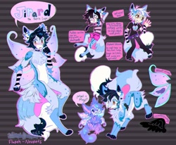 Size: 1600x1320 | Tagged: safe, artist:moggiedelight, oc, oc only, oc:jirard (moggiedelight), oc:may (moggiedelight), animal humanoid, canine, fairy, fictional species, lupe, mammal, petpet, sparkle dog, wolf, anthro, digitigrade anthro, feral, humanoid, neopets, abstract background, animal ears, arm warmers, belt, blue fur, blushing, bottomwear, boxers, brown eyes, clothes, coontails, duo, ear piercing, feathered wings, feathers, feralized, fur, glamfur, humanoidized, industrial piercing, kemono, looking at you, male, pants, paws, piercing, reference sheet, scene fashion, self paradox, shirt, solo focus, species swap, speech bubble, sweat, sweatdrop, tail, topwear, underwear, watermark, wings