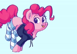 Size: 4096x2897 | Tagged: safe, artist:pucksterv, pinkie pie (mlp), earth pony, equine, fictional species, mammal, pony, feral, friendship is magic, hasbro, my little pony, 2020, blep, blue background, clothes, female, hoodie, looking at you, simple background, sketch, socks, solo, solo female, tail, tongue, tongue out, topwear