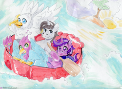 Size: 1742x1267 | Tagged: safe, artist:reallycoykoifish, oc, oc:der, oc:evening breeze, oc:gyro feather, oc:gyro feather (gryphon), oc:tinisparkler, bird, equine, feline, fictional species, galliform, gryphon, mammal, peacock gryphon, peafowl, pony, unicorn, feral, friendship is magic, hasbro, my little pony, beak, bird feet, blue feathers, blue fur, boat, claws, feathered wings, feathers, fur, green eyes, group, horn, island, male, micro, ocean, paws, pink feathers, tail, tail tuft, talons, water, wings