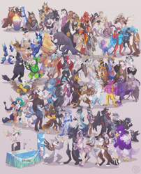 Size: 2500x3091 | Tagged: character needed, species needed, safe, artist:godbird, oc, oc:der, oc:gyro feather, oc:gyro feather (gryphon), oc:lief woodcock, bird, bird of prey, blue jay, corvid, eurasian sparrowhawk, feline, fictional species, galliform, gryphon, hawk, jay, mammal, peacock gryphon, peafowl, songbird, sparrowhawk, anthro, feral, beak, bird feet, blue feathers, blue fur, claws, eyes closed, feathered wings, feathers, female, fur, green eyes, group, high res, large group, laughing, linecon, male, micro, midwest furfest, paws, pink feathers, size difference, tail, tail tuft, talons, tongue, tongue out, wings