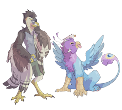 Size: 1000x900 | Tagged: safe, artist:godbird, oc, oc:der, oc:gyro feather, oc:gyro feather (gryphon), oc:lief woodcock, bird, bird of prey, eurasian sparrowhawk, feline, fictional species, galliform, gryphon, hawk, mammal, peacock gryphon, peafowl, sparrowhawk, anthro, feral, beak, bird feet, blue feathers, blue fur, claws, feathered wings, feathers, fur, group, laughing, male, paws, pink feathers, size difference, tail, tail tuft, talons, tongue, tongue out, trio, wings
