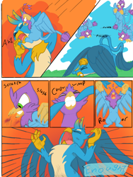 Size: 768x1024 | Tagged: safe, artist:mrleft, gallus (mlp), oc, oc:gyro feather, oc:gyro feather (gryphon), bird, feline, fictional species, galliform, gryphon, mammal, peacock gryphon, peafowl, feral, comic:gallus's feathered snack, friendship is magic, hasbro, my little pony, beak, bird feet, biting, blue feathers, blue fur, claws, comic, duo, feathered wings, feathers, fighting, fur, green eyes, male, micro, micro dom, monologue, paws, pink feathers, scratching, scuffed, size difference, tail, tail tuft, talking, talons, wings
